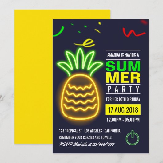 Neon Pineapple Summer Birthday Party Invitation Kaart (Voorkant / Achterkant)