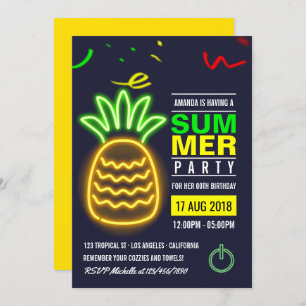 Neon Pineapple Summer Birthday Party Invitation Kaart