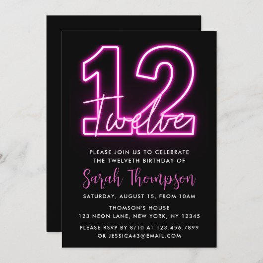 Neon Pink 12e verjaardag Uitnodiging (Voorkant / Achterkant)