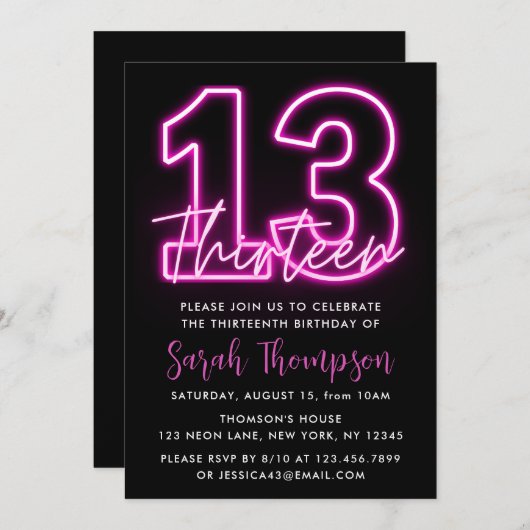 Neon Pink 13e verjaardag Uitnodiging (Voorkant / Achterkant)
