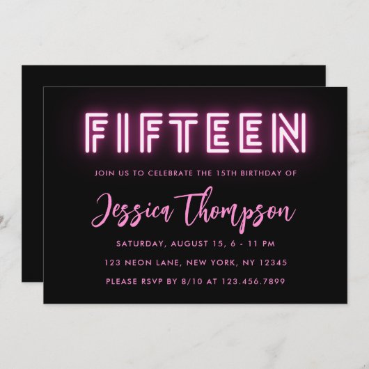 Neon Pink 15e anniversaire Invitation (Devant / Derrière)