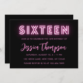 Neon Pink 16e verjaardag Uitnodiging (Voorkant / Achterkant)