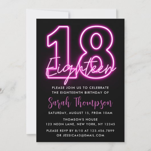 Neon Pink 18e anniversaire Invitation (Devant)