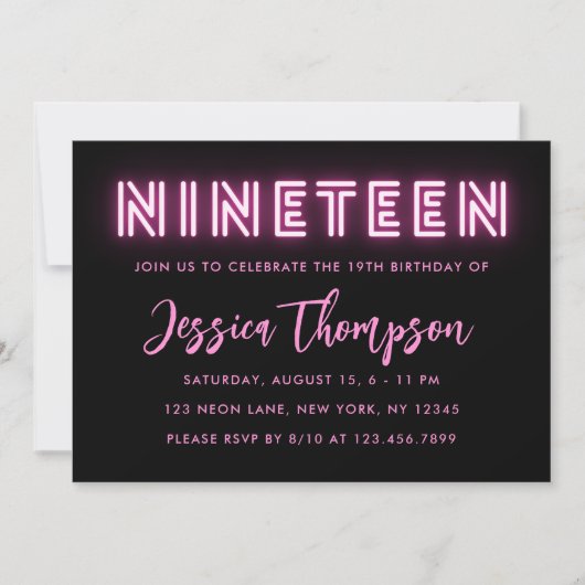 Neon Pink 19e anniversaire Invitation (Devant)