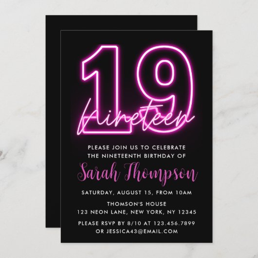 Neon Pink 19e anniversaire Invitation (Devant / Derrière)