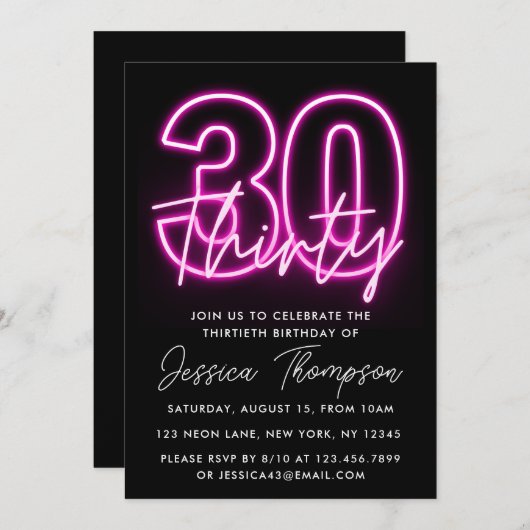 Neon Pink 30th Birthday Invitation (Devant / Derrière)