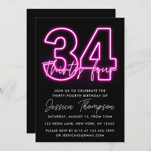 Neon Pink 34th Birthday Invitation (Devant / Derrière)