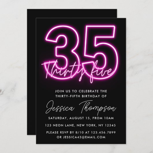 Neon Pink 35th Birthday Invitation (Devant / Derrière)