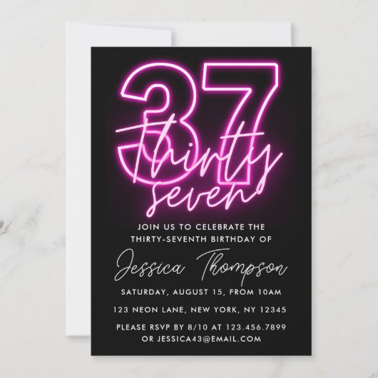 Neon Pink 37th Birthday Invitation (Devant)