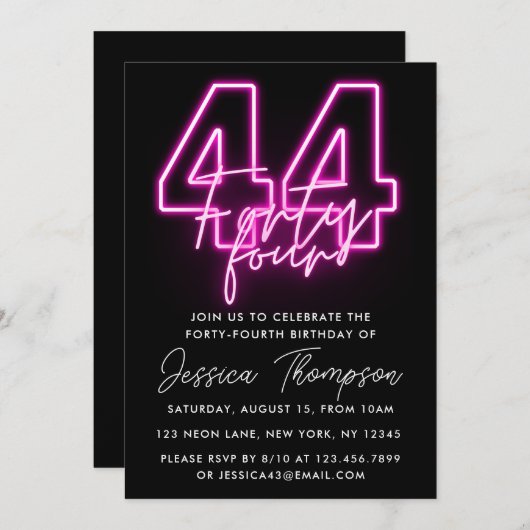 Neon Pink 44e anniversaire Invitation (Devant / Derrière)