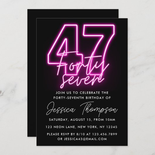 Neon Pink 47e anniversaire Invitation (Devant / Derrière)
