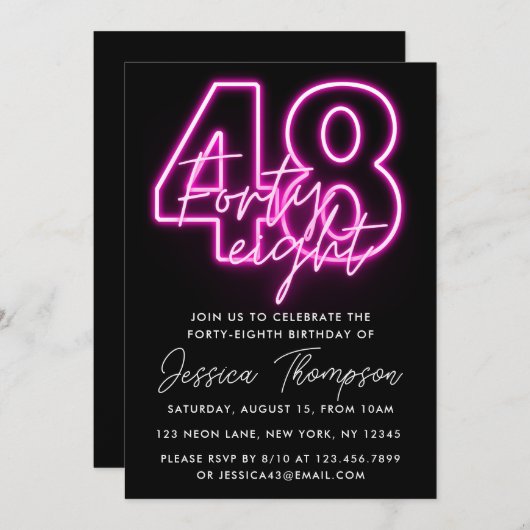 Neon Pink 48e anniversaire Invitation (Devant / Derrière)
