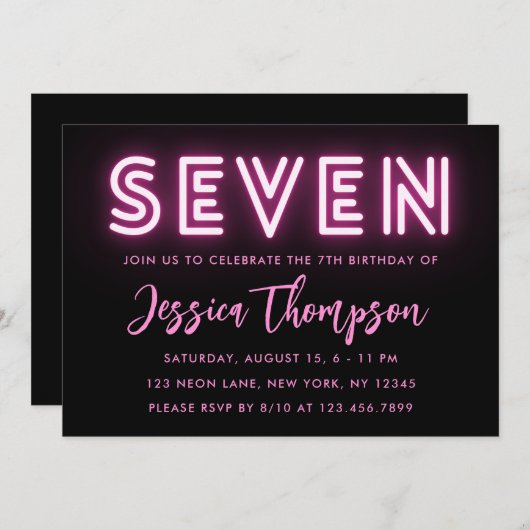 Neon Pink 7e anniversaire Invitation (Devant / Derrière)