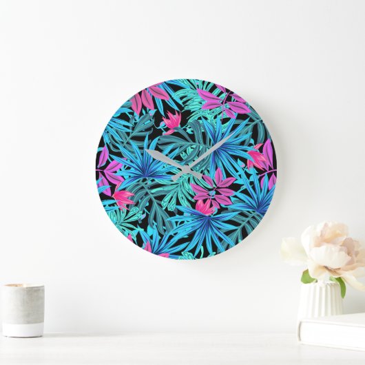 Neon Pink and Blue Tropical Plant Pattern Grote Klok (Huis)
