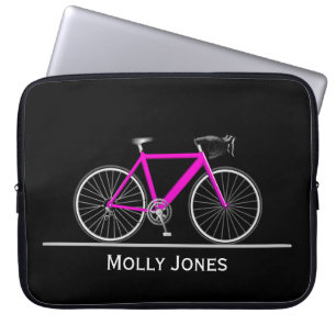 Neon Pink Bike met naam op zwart Laptop Sleeve