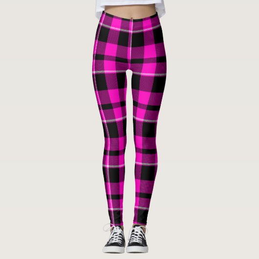 Neon Pink & Black Tartan Scottish Pset Leggings (Voorkant)