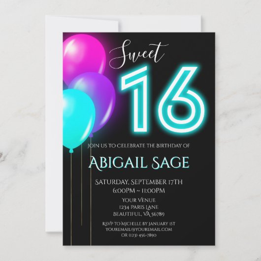 Neon Pink, Blauw, Paarse Sweet Sixteen-ballonnen Kaart (Voorkant)