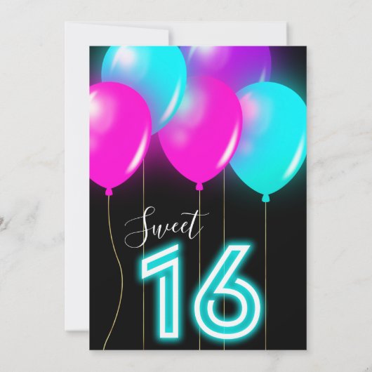 Neon Pink, Blauw, Paarse Sweet Sixteen-ballonnen Kaart (Achterkant)