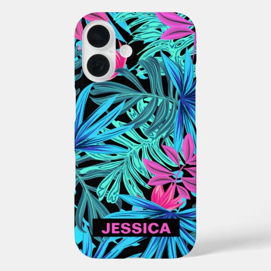 Neon Pink Blue Tropical Plant Pattern Personalised Case-Mate iPhone Case (Achterkant)