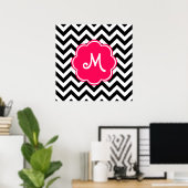 Neon Pink Custom Monogram met Chevron Pattern Poster (Thuiskantoor)
