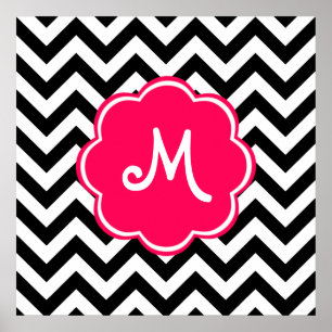 Neon Pink Custom Monogram met Chevron Pattern Poster