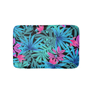 Neon Pink en Blue Tropical Plant Pattern Bath Mat