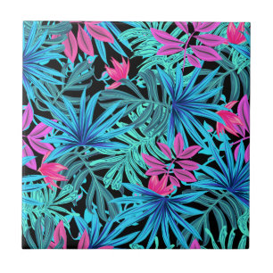Neon Pink en Blue Tropical Plant Pattern Tegeltje