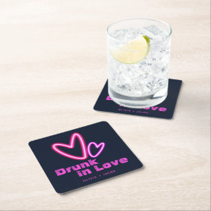 Neon Pink Hearts Drink in Love Wedding Vierkante Kartonnen Onderzetter