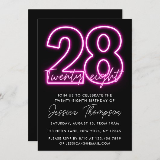 Neon Pink Invitation 28e anniversaire (Devant / Derrière)