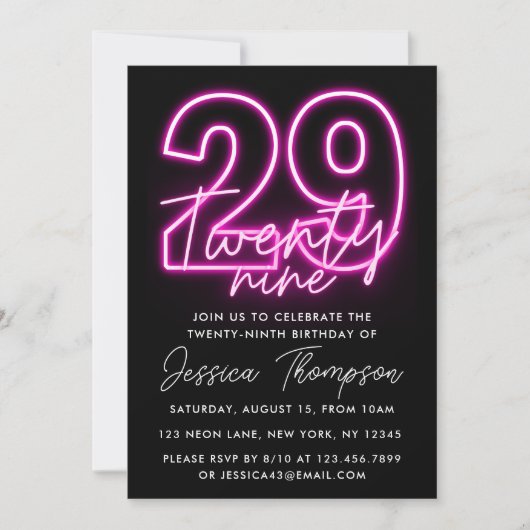 Neon Pink Invitation 29e anniversaire (Devant)