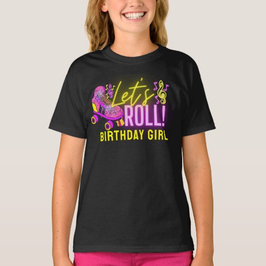Neon Pink Let's Roll Girl's Roller Skating Party T-shirt (Voorkant)