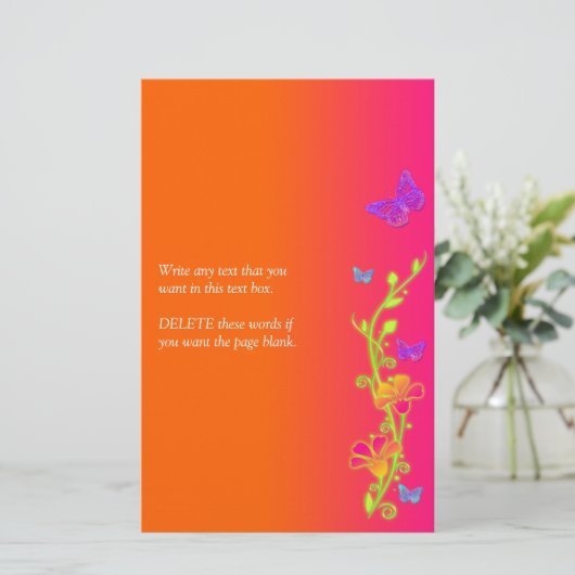 Neon Pink Oranje Butterflies & Flowers Stationery Briefpapier (Staand voorkant)