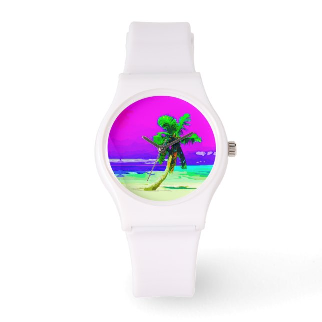 Neon Pink Palm Tree Paradise Horloge (Voorkant)