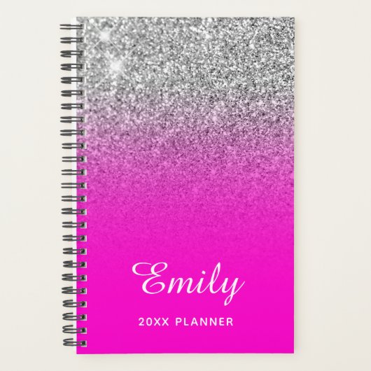 Neon Pink Silver Glitter Ombre Naam Planner (Voorkant)