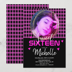 Neon Pink Sweet Sixteen Gold Ring Photo Grid Kaart