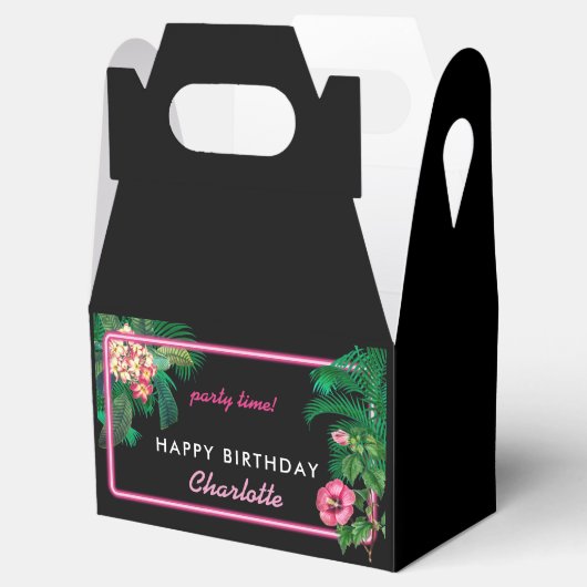 Neon Pink Tropical Botanicals Verjaardagsfeest Bedankdoosjes (Geopend)