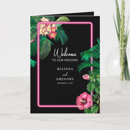 Neon Pink Tropical Retro Wedding Order of Service Programma (Voorkant)