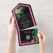 Neon Pink Tropische Retro Botanicals Bruiloft All In One Uitnodiging (Afscheurbaar)