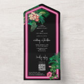 Neon Pink Tropische Retro Botanicals Bruiloft All In One Uitnodiging (Binnen)