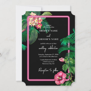 Neon Pink Tropische Retro Botanicals Bruiloft Kaart