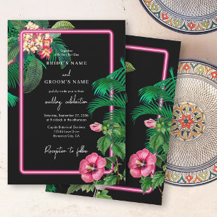 Neon Pink Tropische Retro Botanicals Bruiloft Kaart