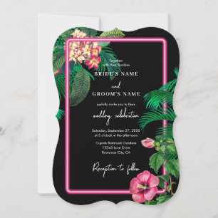 Neon Pink Tropische Retro Botanicals Bruiloft Kaart
