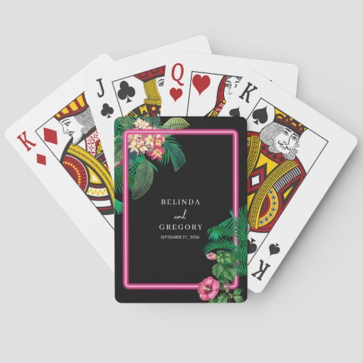 Neon Pink Tropische Retro Botanicals Bruiloft Pokerkaarten (Achterkant)