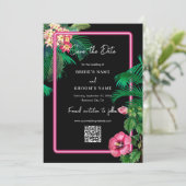 Neon Pink Tropische Retro Botanicals Bruiloft Save The Date (Staand voorkant)