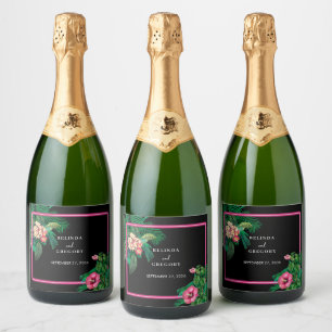 Neon Pink Tropische Retro Botanicals Bruiloft Sparkling Wijnetiket