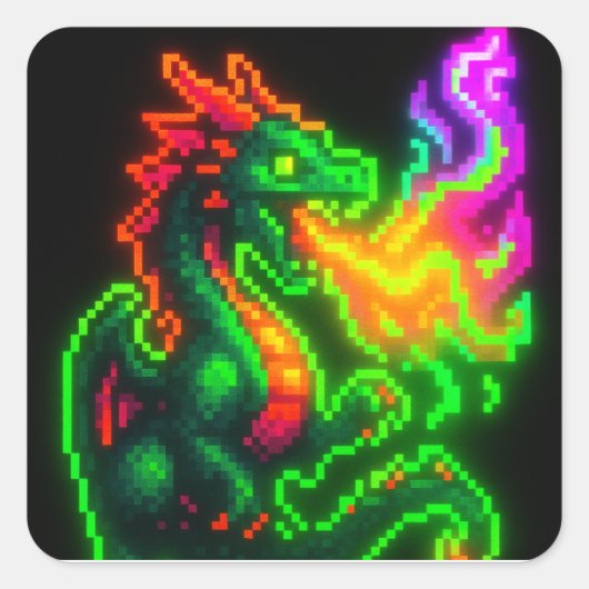 Neon Pixel Dragon – Retro Arcade Flame Design Vierkante Sticker (Voorkant)