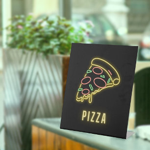Neon Pizza Slice Reclamebord Met Voetstuk