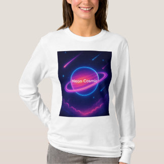 Neon planeet met ring | kosmische wolken t-shirt