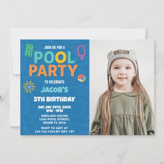 Neon Pool Anniversaire Bash Invitation avec photo (Devant)