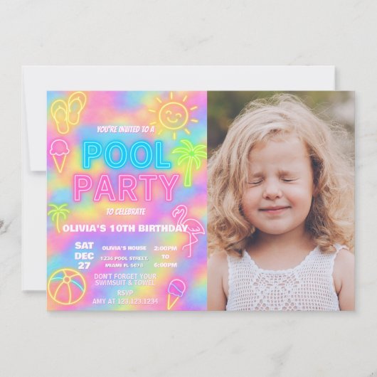 Neon Pool Anniversaire Fête Invitation (Devant)